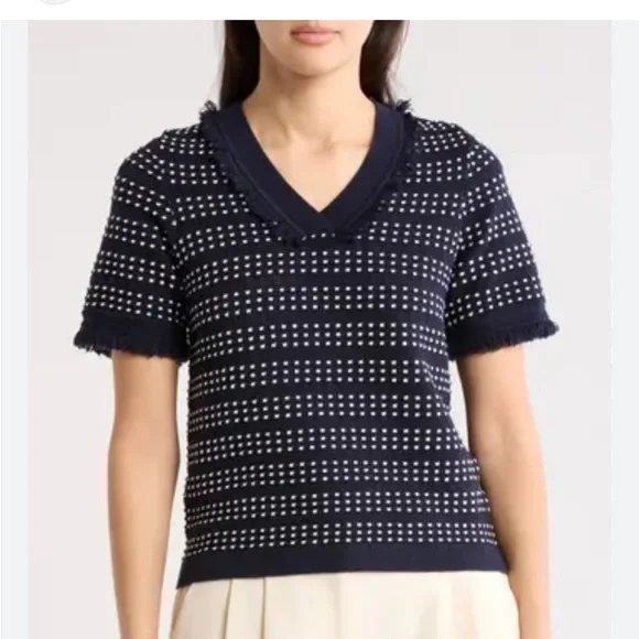 Adrianna Papell Navy and White V-Neck Sweater with fringe Size Large - Picture 1 of 10
